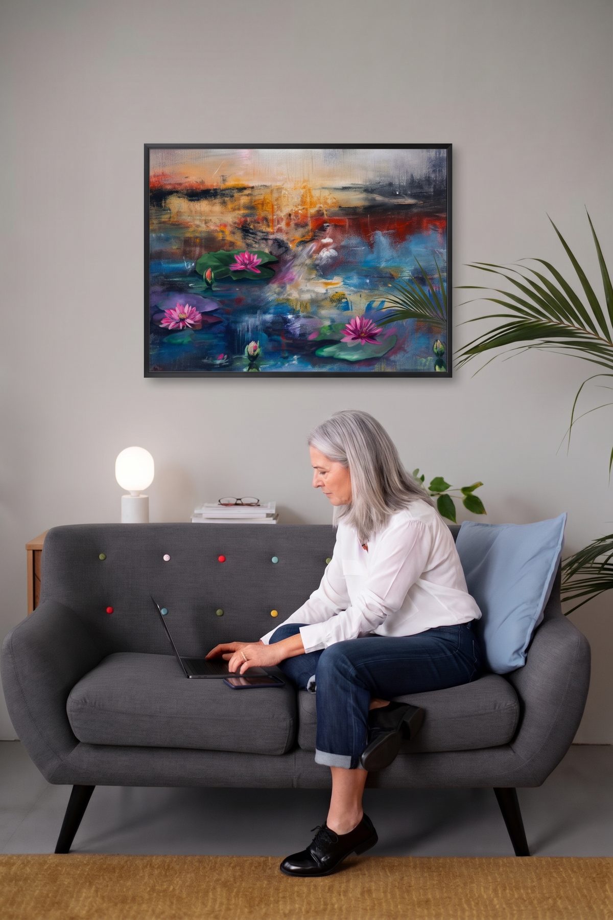 Vajda Emőke Színek zenéje című, 50 × 70 cm-es festménye kanapé fölött, nappali enteriőrben